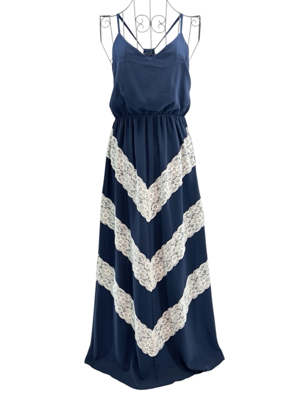 Judith March Navy Maxi Strappy Sundress Cream Lace Chevron Size Small